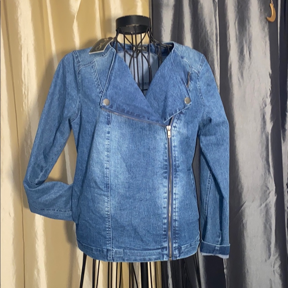$Offers DG2 XS Diane Gilman zip snap collar pockets Blue Denim Jacket